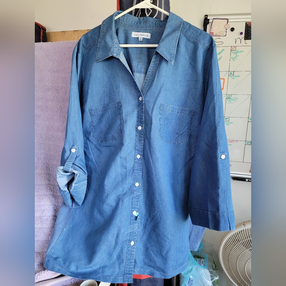 3x Emily Daniels Women 3/4 Sleeve 2 Pocket Denim Style Top